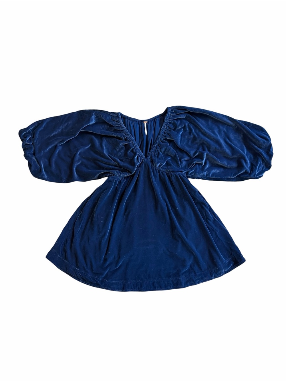 Free People Portia Navy Blue Velvet Balloon Sleeve V Neck Mini Dress